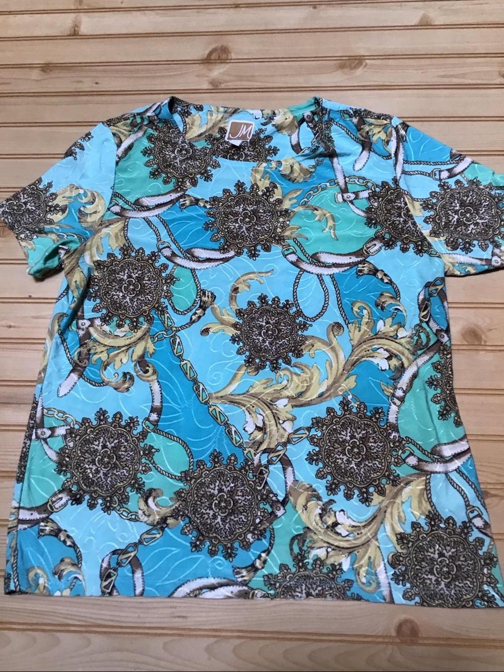 Joy Mangano Patterned Turquoise & Gold Short Sleeve Top Equestrian Old Money